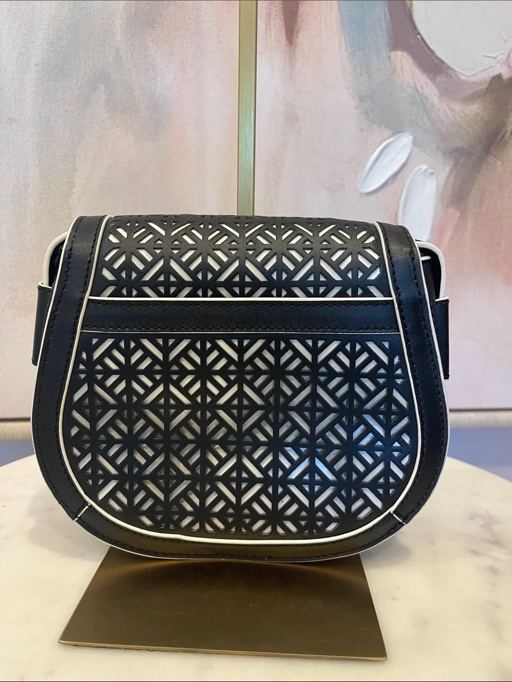 Tory Burch Black and White Laser-Cut Crossbody Saddle Bag